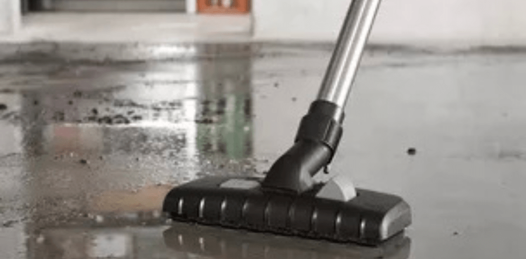 Calamiteitenreiniging na waterschade met professionele waterzuiger op betonnen vloer